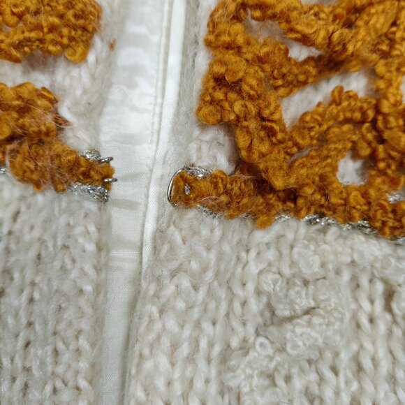 Women's Long Cardigan Size L/XL Beige Orange Fabric Embroidery Vintage Knitwear - Picture 5 of 12